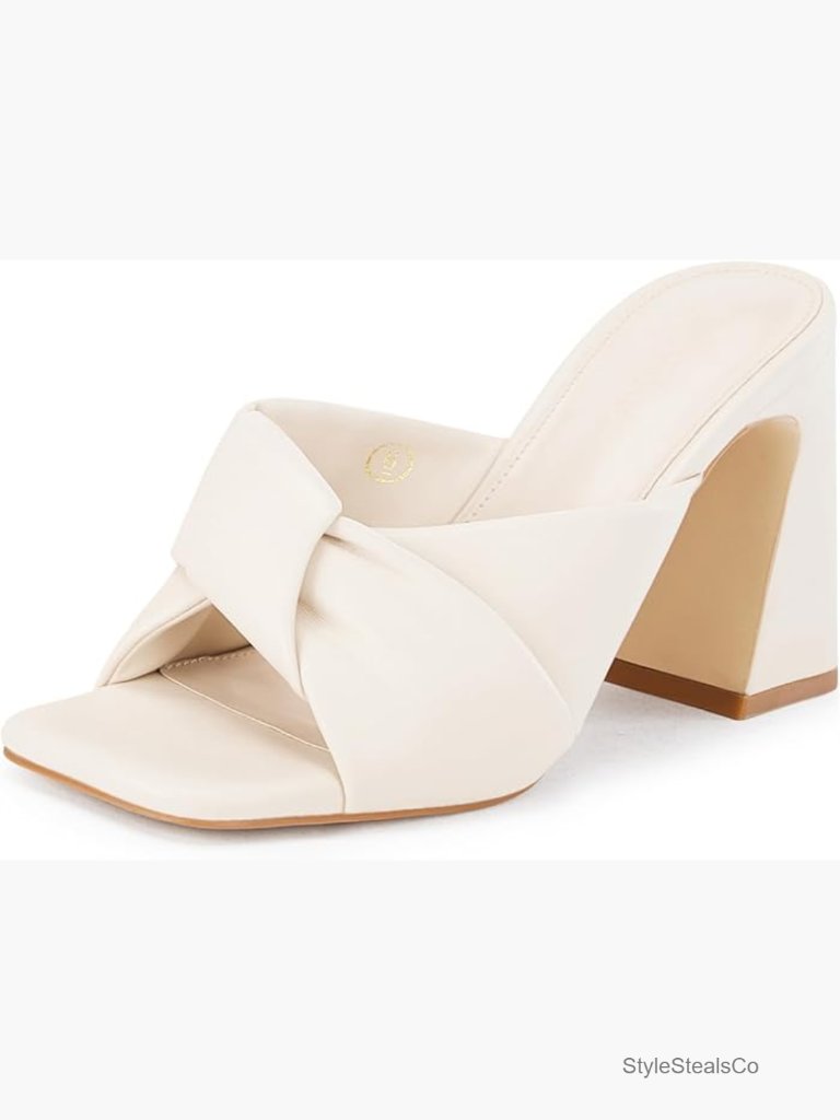 Chunky Heeled Mules Puffy Knot Square Open Toe Slip On Sandals